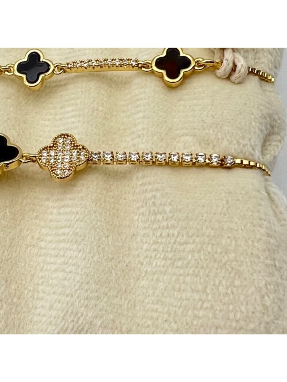Set 2 Adjustable Gold-Tone Bracelets Black Clover Charms CZ Accents Eyecandy LA - Picture 3 of 9